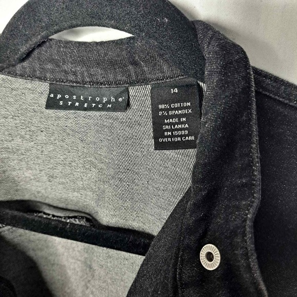 Apostrophe Jean Jacket Womens 14 Black Stretch Moto Denim Zip Up Biker Coat Cool - Picture 10 of 11